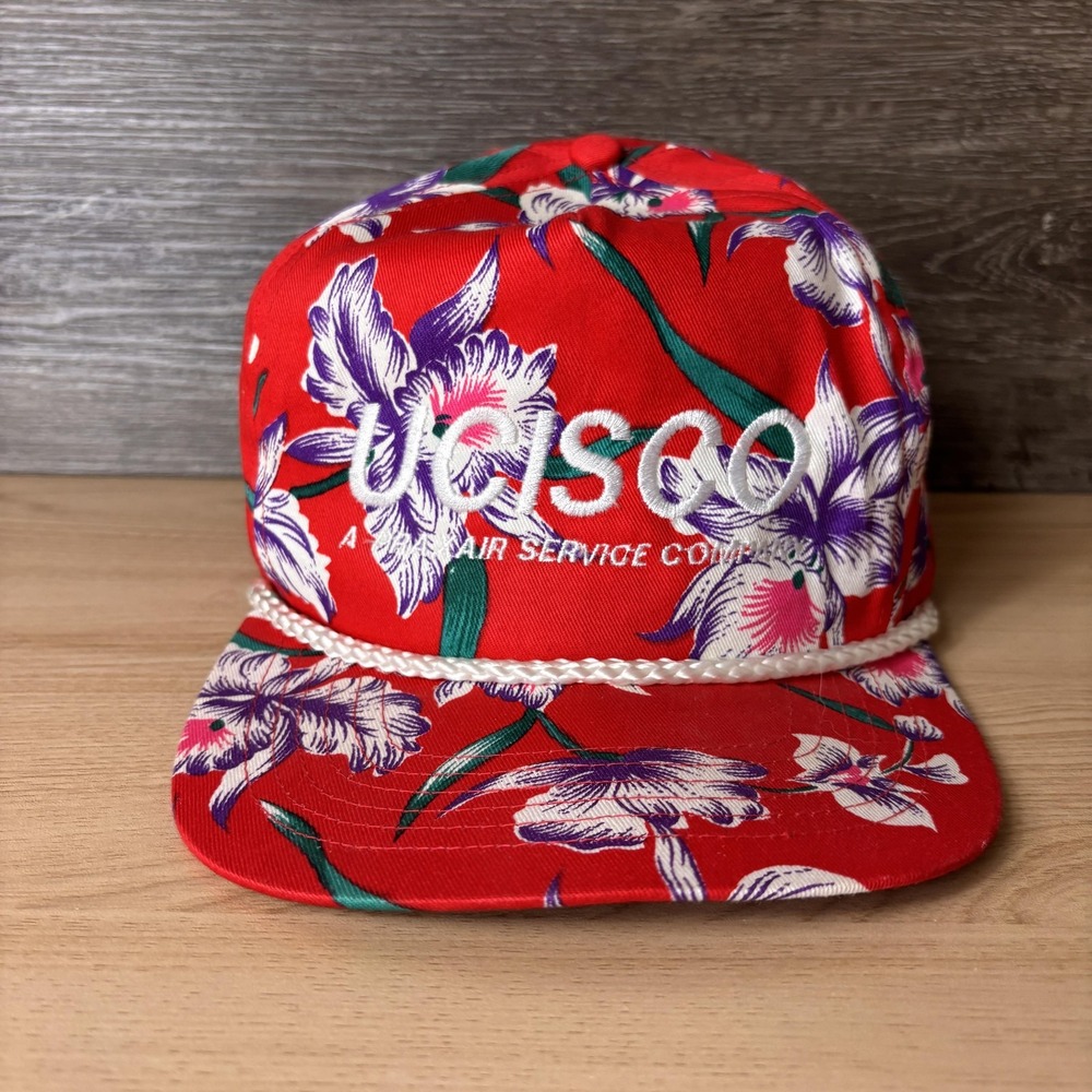 Vintage UCISCO Hat Cap Snap Back One Size Red Floral Hawaiian Rope Advertising